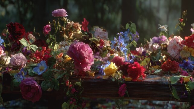 Opulent arrangement of mixed garden blossoms spills across a wooden surface in soft natural light.