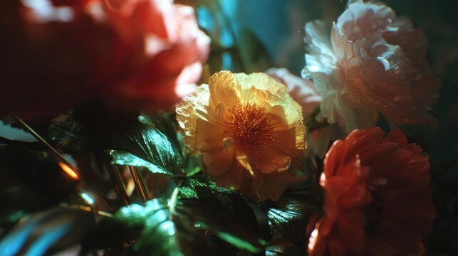 Vibrant blossoms display rich colors under dramatic, focused lighting conditions