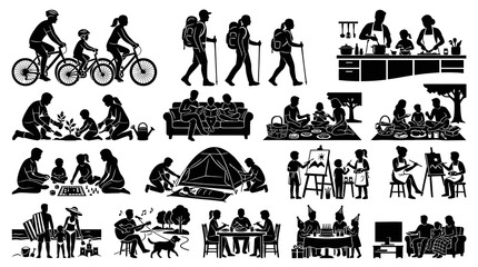 Fototapeta premium Family Lifestyle Leisure Activities Silhouette Icons Set - Daily Life Recreation Glyph Art Style