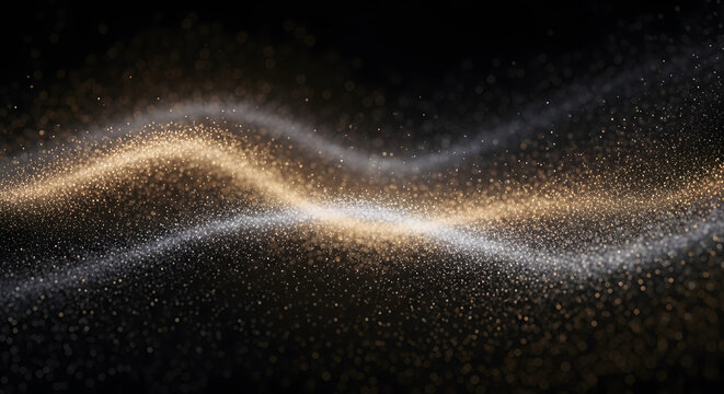 A mesmerizing abstract background featuring a dynamic wave of shimmering golden and silver particles against a dark, starry backdrop.
