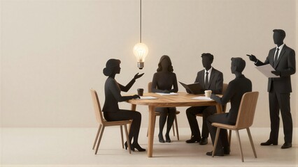 Fototapeta premium Silhouetted business team discusses ideas under a hanging light bulb.