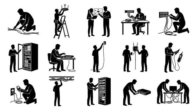 Information Technology (IT) Network Engineers and Data Center Technicians Silhouette Glyph Icons Set