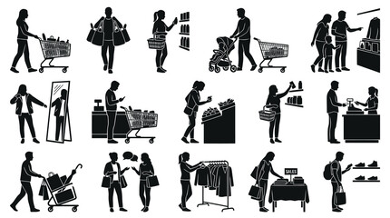 Obraz premium Black White Silhouettes of People Shopping in Retail Store, E-commerce, Retail