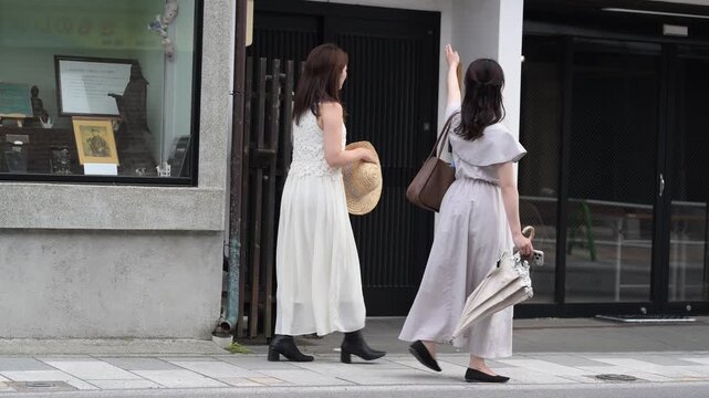 古い城下町の風情ある町並みを日傘を差して観光する職場の上司と部下の女性（後ろ姿）
