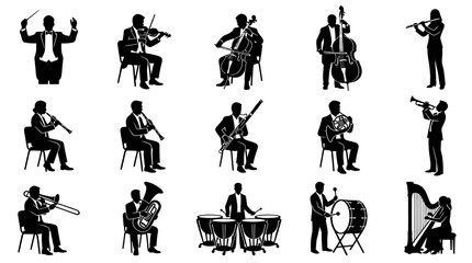 Obraz premium Black and White Vector Icons of Orchestra Musicians Playing Instruments