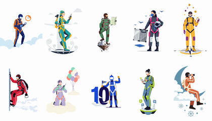 Collection of Stylized Skydiver Illustrations in Futuristic and Creative Scenarios with Extreme Sports Equipment and Gadgets © Ricardo