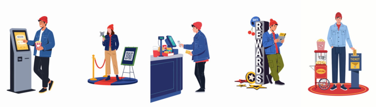 Set of illustrations depicting people using movie theater reward programs, digital ticketing, and self-service kiosks for entertainment and leisure activities.