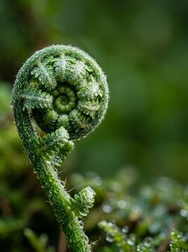 Single young fern leaf coiled in spiral shape with dew drops. Macro shot of unfurling frond in spring forest. Concept of growth, nature renewal, environment and botanical growth cycle.