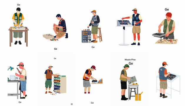 Set of flat vector illustrations depicting people sorting, organizing, and examining small items like coins, components, and game pieces.