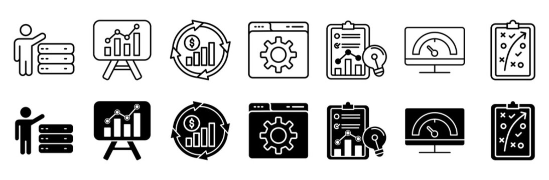 Business intelligence icon set. Benchmarking and management symbol. Vector illustration.