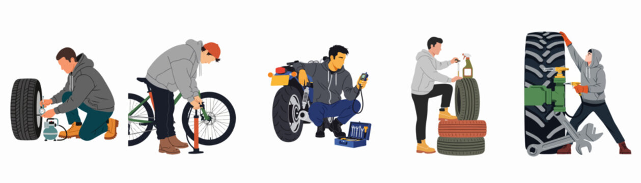 Set of flat vector illustrations featuring men inflating, repairing, and maintaining tires for cars, bicycles, motorcycles, and heavy machinery.
