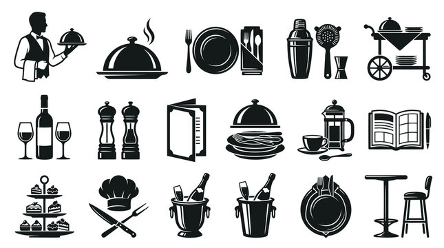 Restaurant and Bar Icons: Waiter, Food, Drinks, and Service Set in Black and White Glyph Style