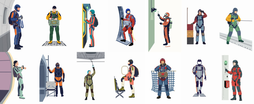 A collection of flat illustrations depicting diverse paratroopers and skydivers preparing for a jump inside various parts of a transport aircraft.