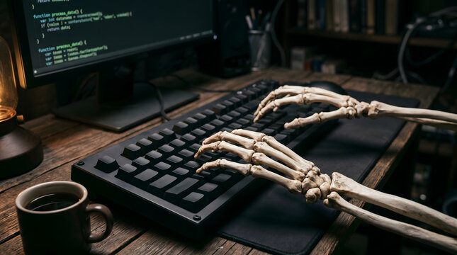 skeleton hands typing on computer keyboard at desk