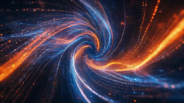 Swirling abstract digital particles in vibrant blue and orange colors