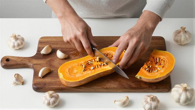 Chef slices orange squash on wooden board surrounded by garlic and mushrooms.