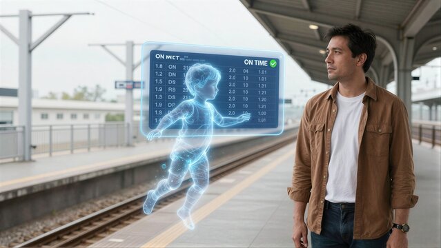 Man at train station sees holographic display showing baby and on-time departures.