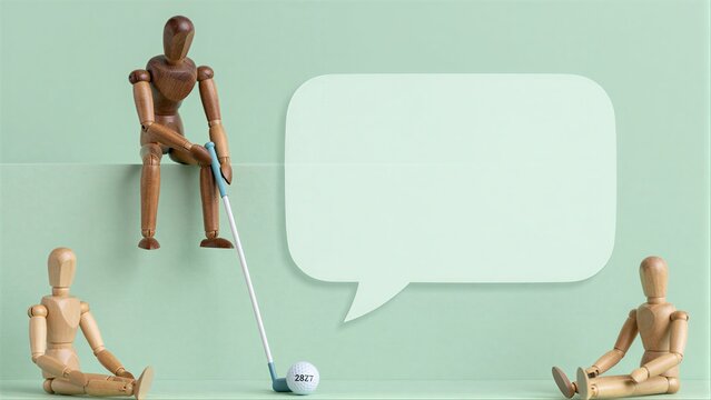 Wooden figures, golf club and ball with speech bubble against mint green background.