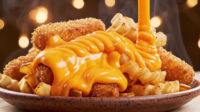 Melted Cheese Sauce Pouring on Fried Mozzarella Sticks and Crinkle Cut Fries