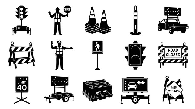 Black and White Vector Glyph Icons for Road Safety, Construction, and Traffic Control