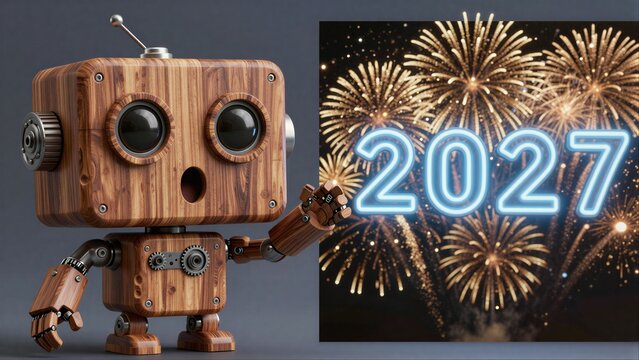 Wooden robot waves hello as fireworks burst behind glowing "2027" numbers.