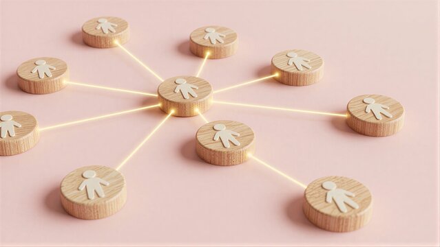 Wooden circles with human figures connected by glowing lines, symbolizing networked relationships.
