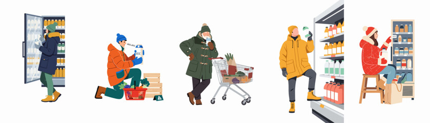 Set of diverse people in winter clothing shopping for milk and dairy products in a grocery store, flat vector illustration on white background. © Yola