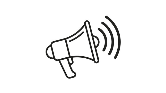 A simple black and white line art illustration of a megaphone icon.