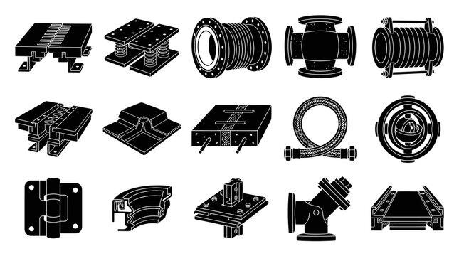 Construction and Industrial Engineering Components Glyph Icons: Expansion Joints, Seismic Isolators, Structural Bearings