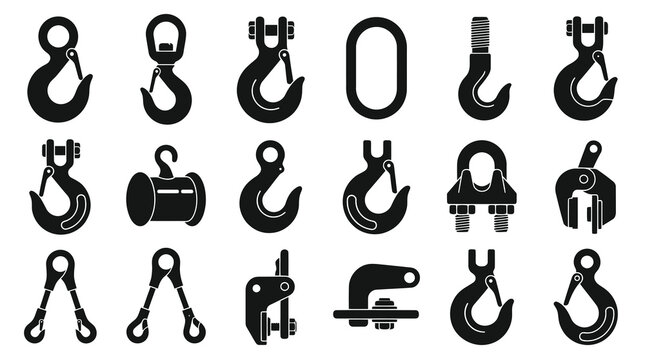 Industrial Lifting Hooks, Shackles, and Rigging Hardware Glyph Icon Set for Construction, Engineering, and Safety