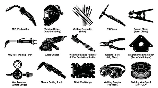 Welding Industry Tools and Equipment Icons Set. Black and White Vector Silhouettes for Metalworking.