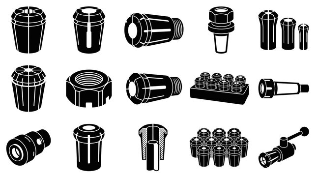 Black and White Vector Icons of Collets and Tooling Components