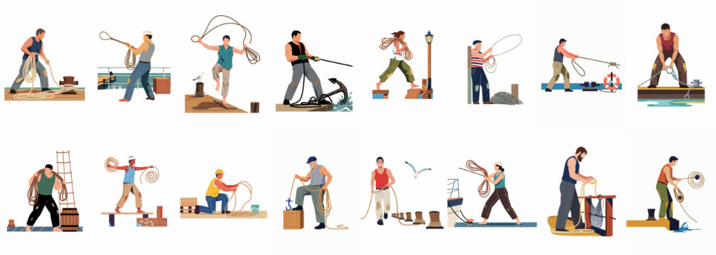 A collection of nautical illustrations featuring sailors and dockworkers performing various tasks with ropes, anchors, and equipment at a port or ship.