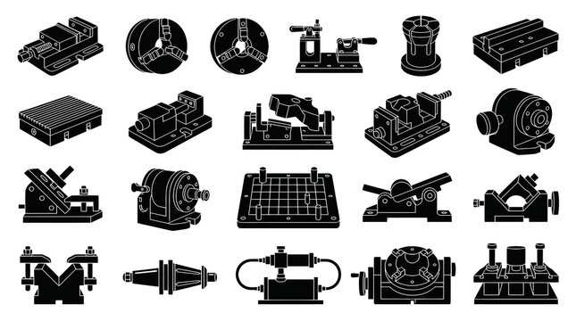 Industrial Machining Workholding Tools  Machine Shop Equipment Glyph Icons Set. Engineering  Manufacturing Fixtures.