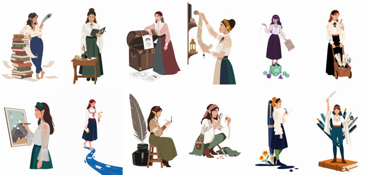 A set of flat illustrations of female elf scholars and scribes engaged in various activities like reading, writing, and researching in a fantasy setting.