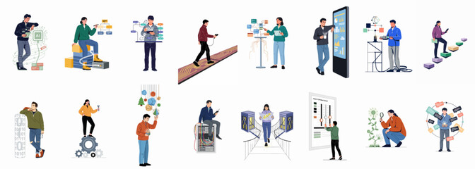 Set of flat vector illustrations depicting people interacting with technology, artificial intelligence, data analytics, and digital infrastructure for modern business and innovation concepts. © Juan