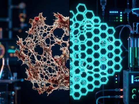 Biological living tissue structure compared with digital holographic hexagonal grid. Genetic engineering and synthetic biology research. Scientific analysis of organic versus synthetic.