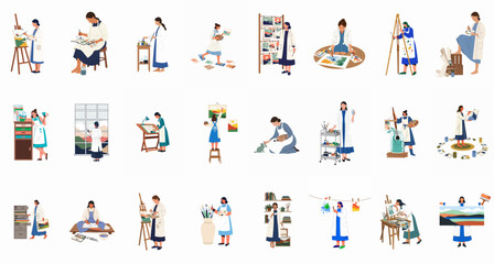 Fototapeta premium Collection of flat vector illustrations of female artists engaged in diverse creative activities, including painting, drawing, and studio organization.