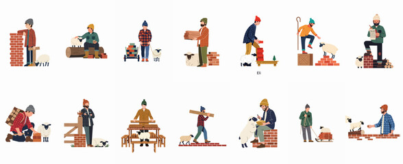 Fototapeta premium Flat illustration collection of male characters in rustic outdoor clothing working with sheep, bricks, and wood in various rural activities.