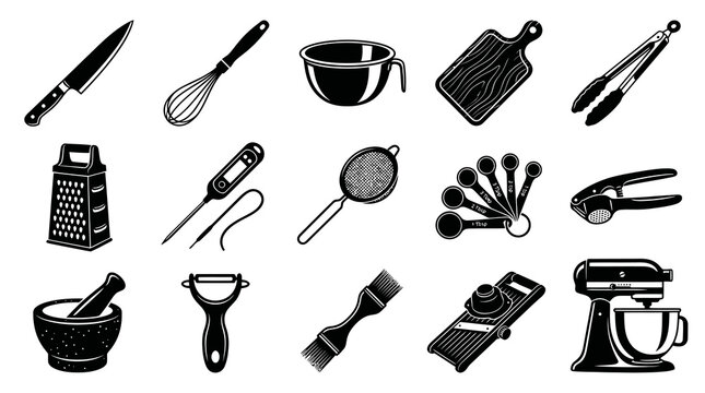 Black and White Vector Kitchen Utensils Icon Set. Essential Cooking, Culinary, and Food Industry Tools