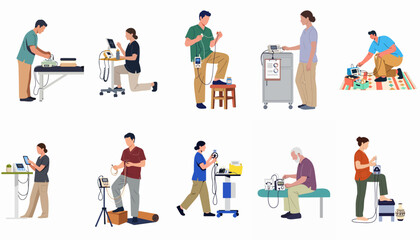 Fototapeta premium Collection of illustrations featuring medical professionals and patients using TENS machines for physical therapy, pain management, and rehabilitation treatments.