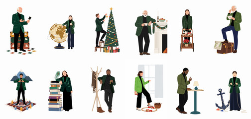 Collection of diverse characters in stylish green blazers featuring various lifestyle scenes, holiday themes, and travel concepts in minimalist flat vector style. © Anna