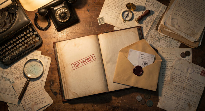 Vintage detective desk, antique crime scene investigation, old papers, magnifying glass, classic mystery