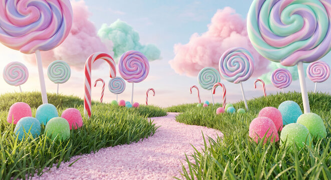 Whimsical candy landscape, colorful sweets, lollipop field, fantasy scenery