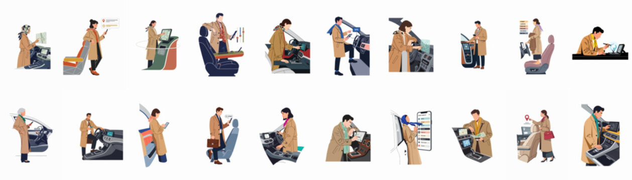 Collection of flat illustrations showing diverse people using smart car technology, GPS navigation systems, and mobile apps for travel and route planning.