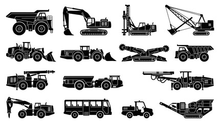 Obraz premium Heavy Mining and Construction Equipment Glyph Icons Set. Industrial Vehicles and Machinery Silhouettes.