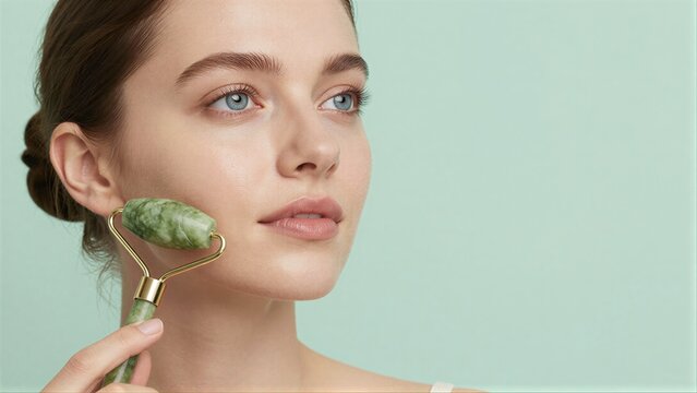 Woman uses jade roller for facial massage against soft green background.
