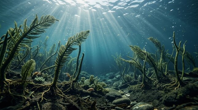 Underwater view of aquatic plants growing on a rocky river bed. Sun rays streaming through clean water surface. Freshwater ecosystem, nature exploration and environment conservation concept.