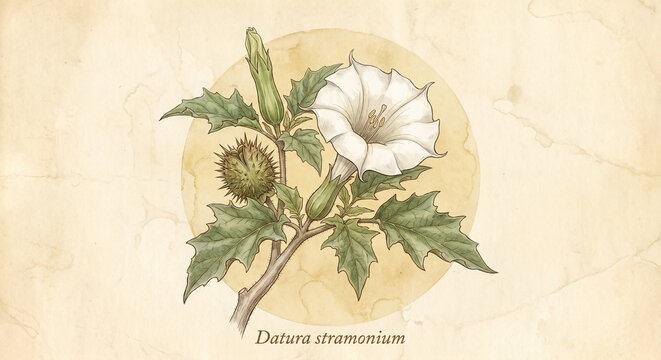 Datura stramonium, Jimsonweed, White Flower, Botanical Illustration, Vintage Style