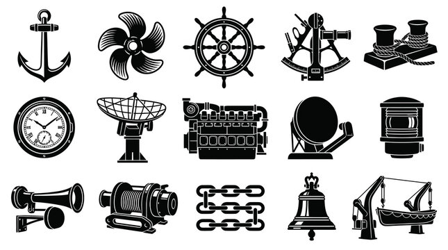 Nautical Marine Shipping Black and White Glyph Icons Set